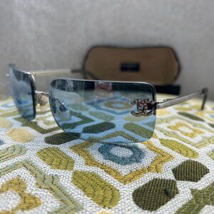 Chanel Silver Blue Tinted Rhinestone Sunglasses